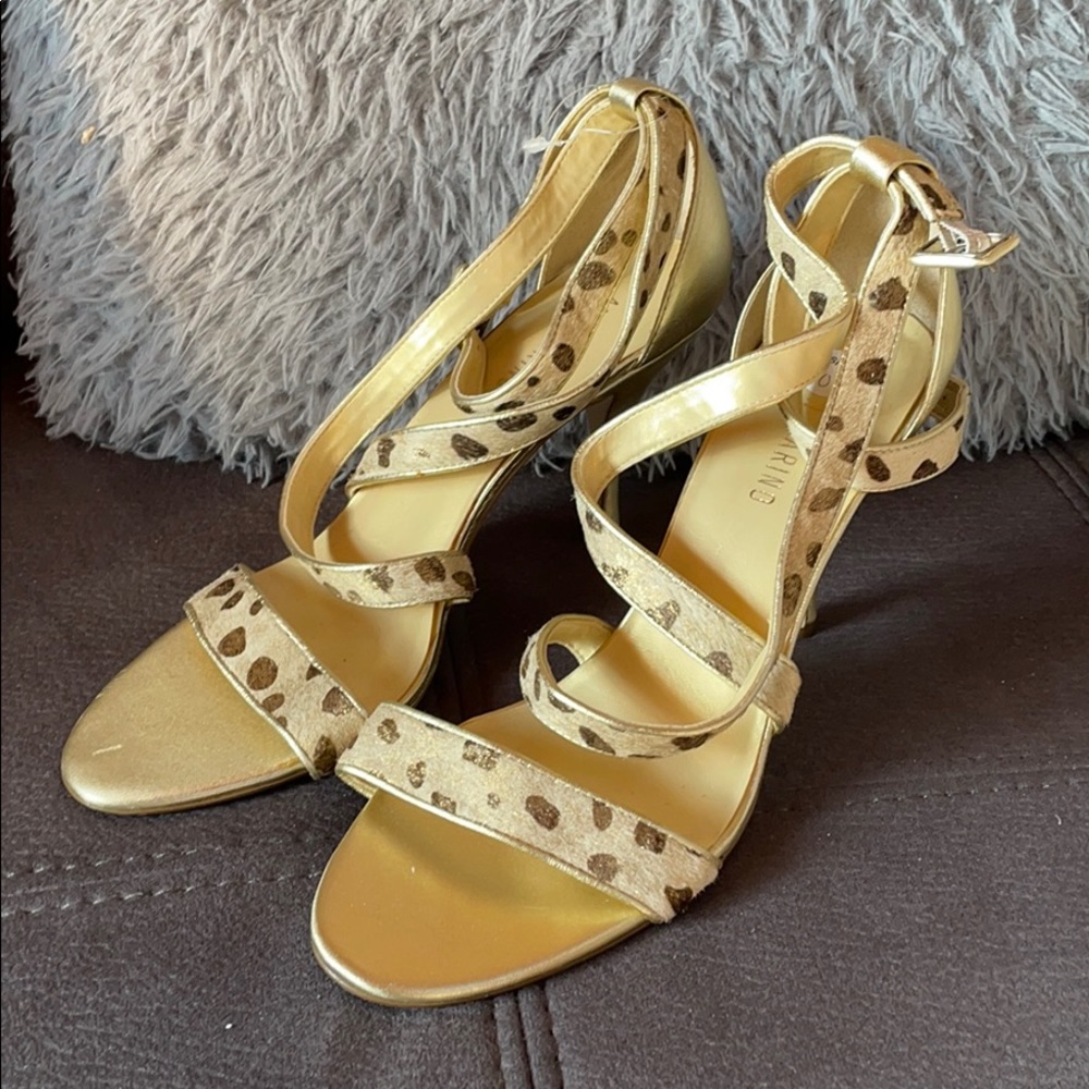 ANN MARINO Gold & Brown Leopard print Strappy Leather Heels Size 10
